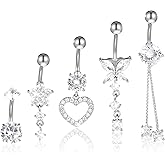 QFGasre Belly Button Rings for Women, 5 Pcs 14G Dangle Surgical Stainless Steel Belly Ring Dangling Body Piercing Jewelry Barbell for Women with Heart Flower Butterfly Elements