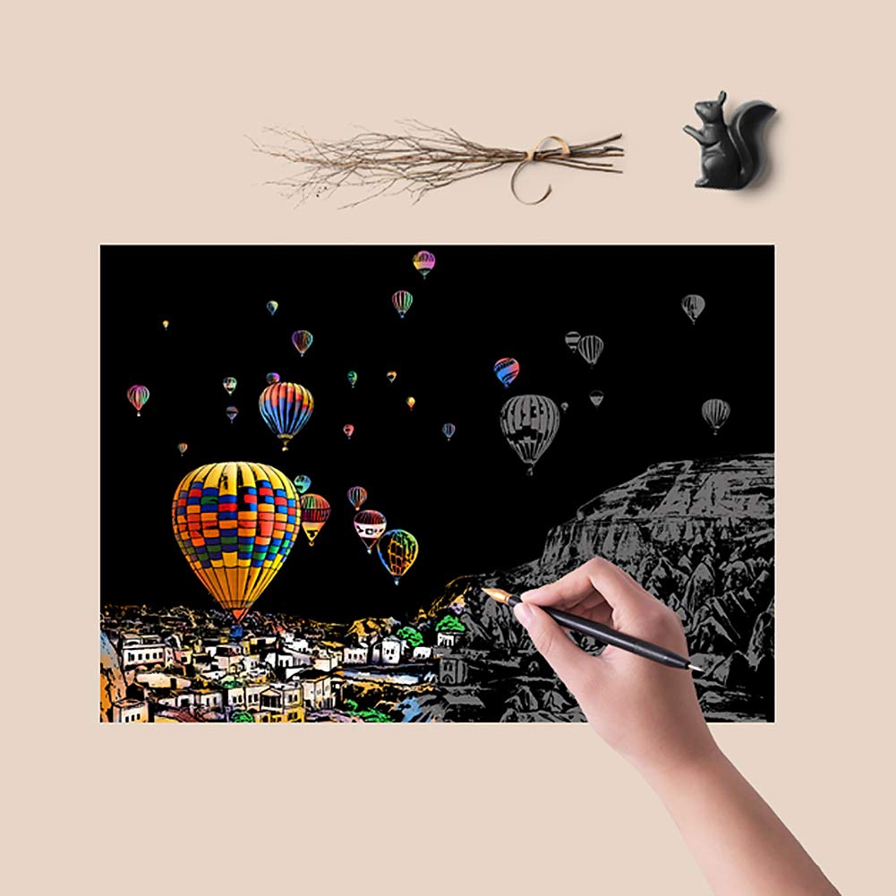 Scratch Painting Kits for Adults & Kids, Rainbow Painting Night View Scratchboard(A4), Crafts Set: 8 Sheets Scratch Cards with 6 Tools in Bag - New York, Statue of Liberty, Seattle(America/Europe)