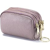 LINNO 3 Zippered Genuine Leather Coin Purse Triple Capacity Change Pouch Little Travel Wallet With Key Ring for Women