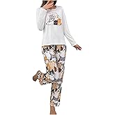 SOLY HUX Women's Cartoon Graphic Pajama Set Cute Cat Print Sleepwear Long Sleeve Tee Tops and Pants Loungewear