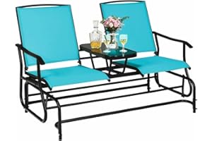 GENERIC ReunionG 2-Person Outdoor Glider Chair, Patio Glider Bench Loveseat w/Tempered Glass Center Table & Sturdy Metal Frame, Porch Swing Rocking Chair for Outside, Balcony, Garden