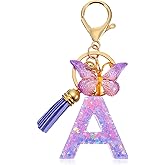 Matwsec Initial Keychains Purple Letter Keychain A Bag Charm Backpack Accessories Purse Chains for Handbags Cute Key Chain with Tassel Butterfly for Women Girls