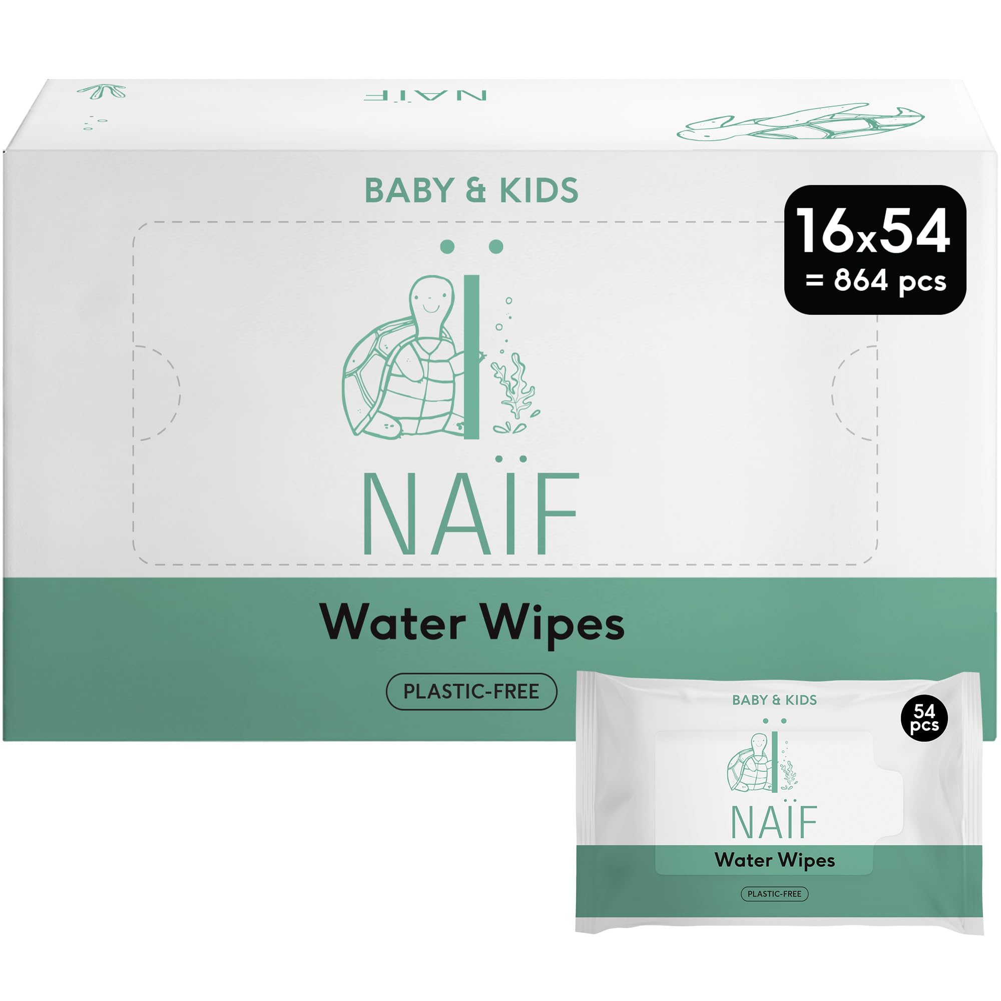 Naïf - Plastikfreie Feuchttücher - 864 Stück (16er x 54 Feuchttuch) - Pflege für Babypo, Körper und Gesicht - 99% aus Wasser - 0% Parfüm und Alkohol