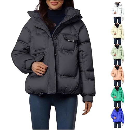 Winter Jackets for Women UK Black Zipped Hooded Coats Cropped Fluffy Puffer Jacket Warm Quilted Padded Overcoat with Straight Pockets