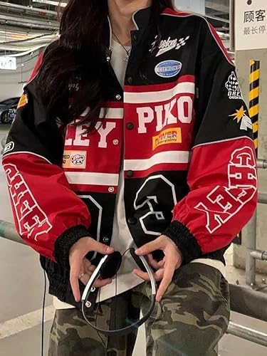 Varsity Jacket for Women Patchwork Long Sleeve Racing Bomber Letterman  Jackets Color Block Y2k Vintage Streetw