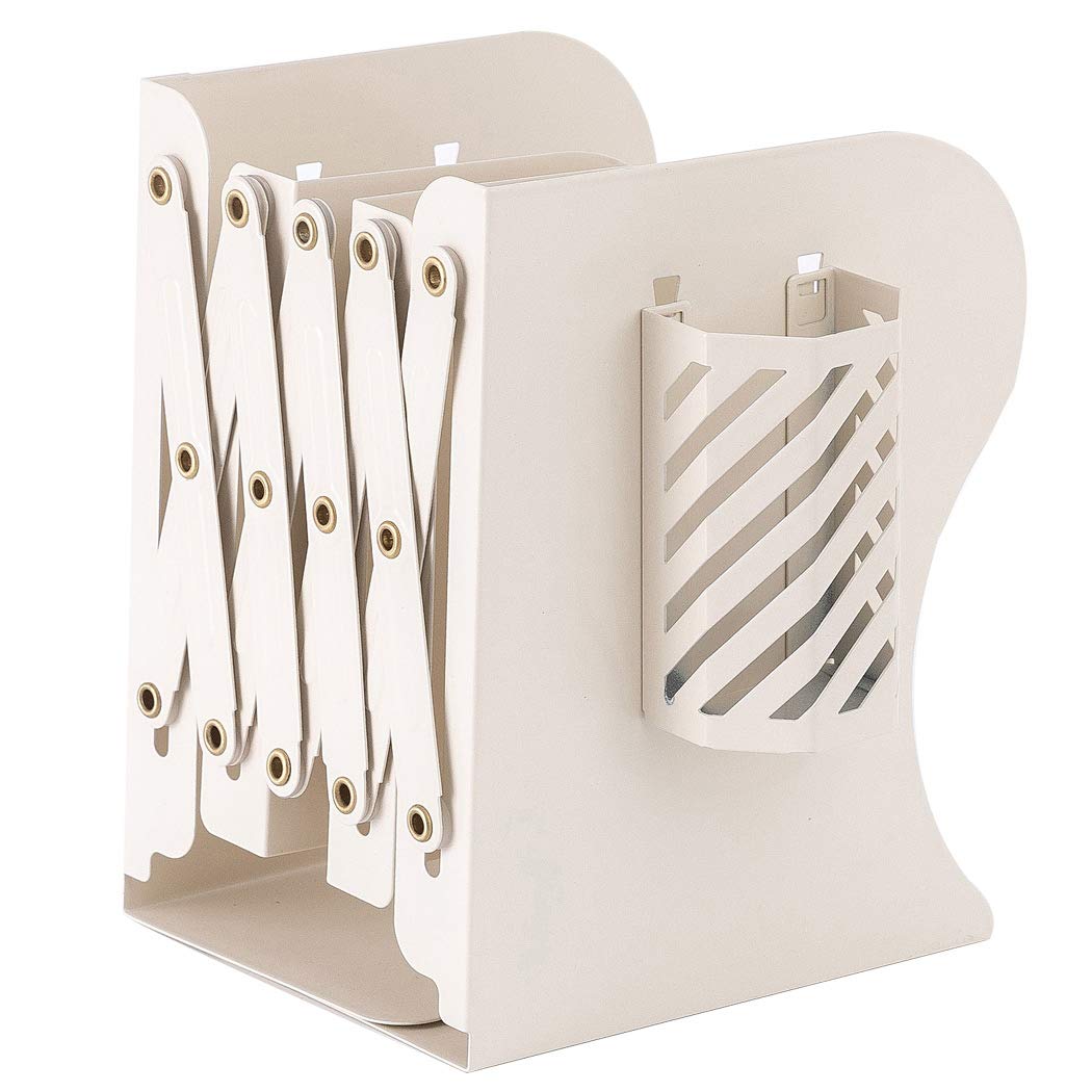 SIPLIV Retractable Bookends Come with Pen Holder, Minimalist Style Metal Adjustable Non Skid Books Holder Stand Book Rack Desk Bookends for School, Library, Home or Office, White