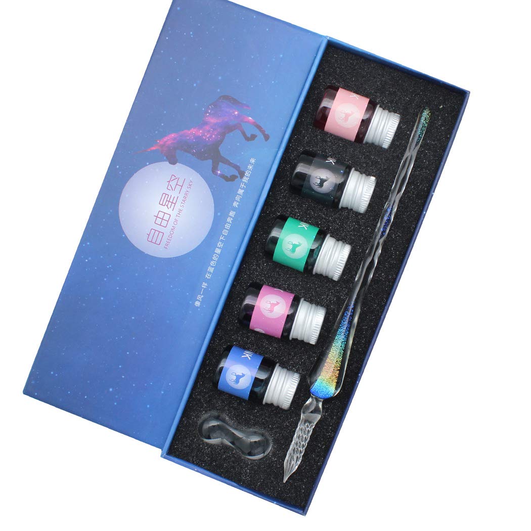 SIPLIV Handmade Glass Dip Pen Set, Starry Sky Crystal Vintage Signature Drawing Calligraphy Pen, 7 Pcs Gift Set with 5 Colors Ink, 1 Pen Holder, 1 Glass Pen - Black rainbow
