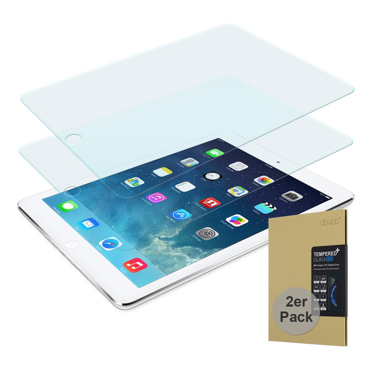 doupi 2X Screen Protector for iPad Pro 9,7 inch/iPad Air/iPad (2017, 2018), Premium 9H HD Anti Scratch [3D Touch Supported] Tempered Glass Film, 2-Pack