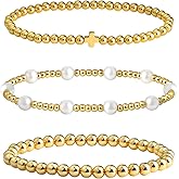 Palotay Gold Beaded Pearl Bracelets for Women 18k Gold Plated Stretch Stackable Cross Bracelets Boho Christian Jewelry Gifts