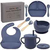 Dormlony 100% Silicone Baby Feeding Set, BPA Free Baby Dishes with Suction Bowl, Divided Plate, Toddler Self Feeding Dish Set with Spoons, Forks, Sippy Cup and Bib, Baby Eating Utensils (Navy Blue)