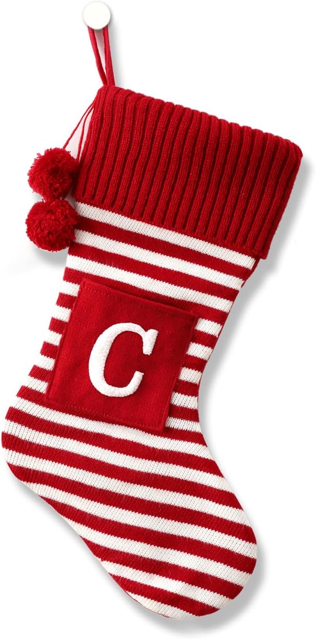 Stockings & Holders - CRSMHLPK 20 Inches Initial Christmas Stocking Monogram Striped Christmas Stocking red Green with White Embroidered Letter Christmas decorations-01-C-Red