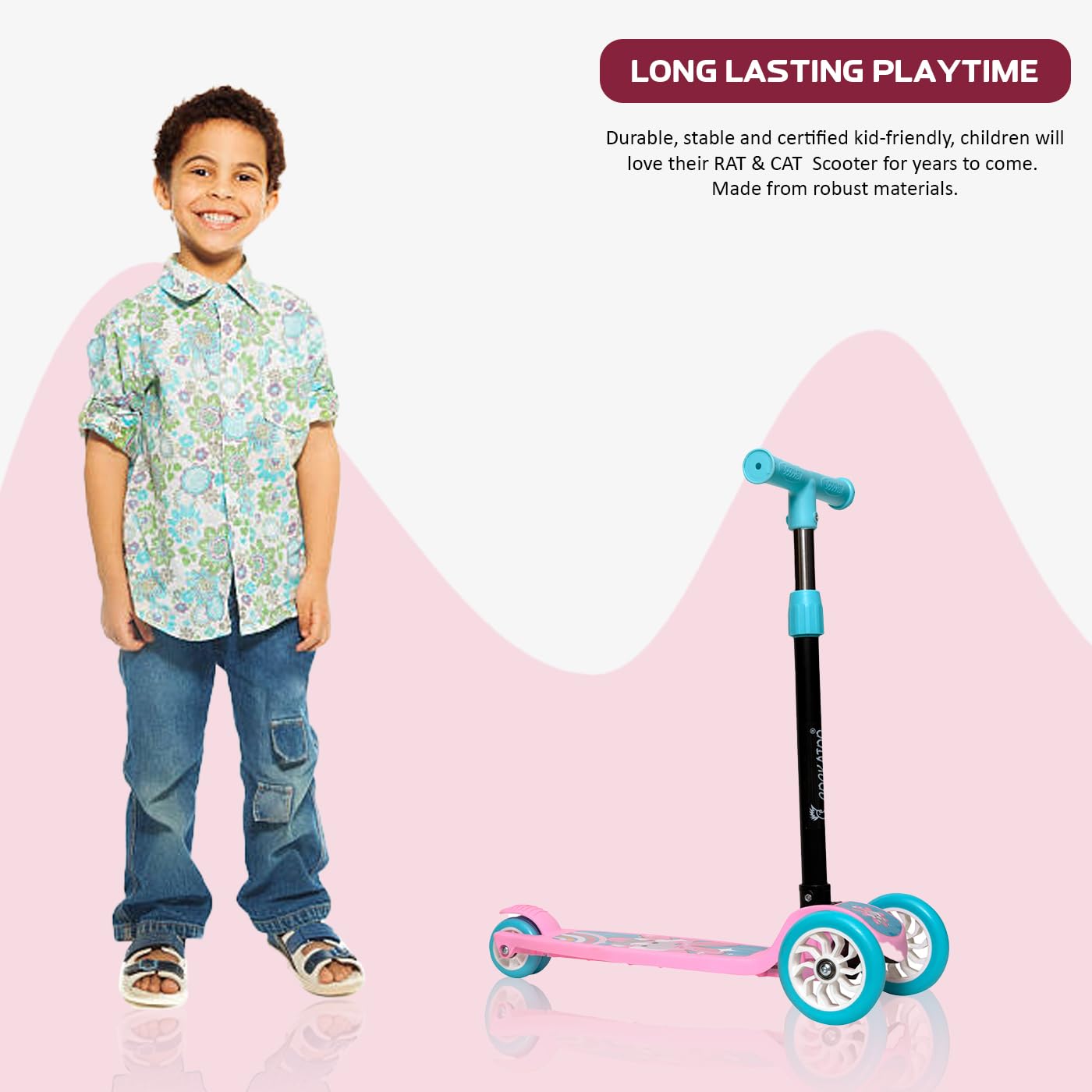 Cockatoo Rat & Cat Series KS01 Kick Scooter 3 to 10 Years Boys & Girls, Kick Scooter with PVC Wheels & Rare Brakes, Pink, Kid 4