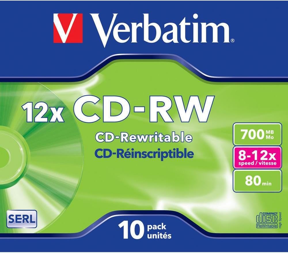 Verbatim CDRW-80 Rewritable CD Disc 10 Pack Jewel Case 8-10x Speed