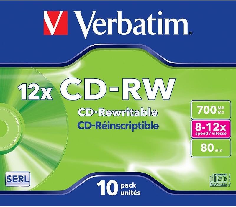 Verbatim CDRW-80 Rewritable CD Disc 10 Pack Jewel Case 8-10x Speed