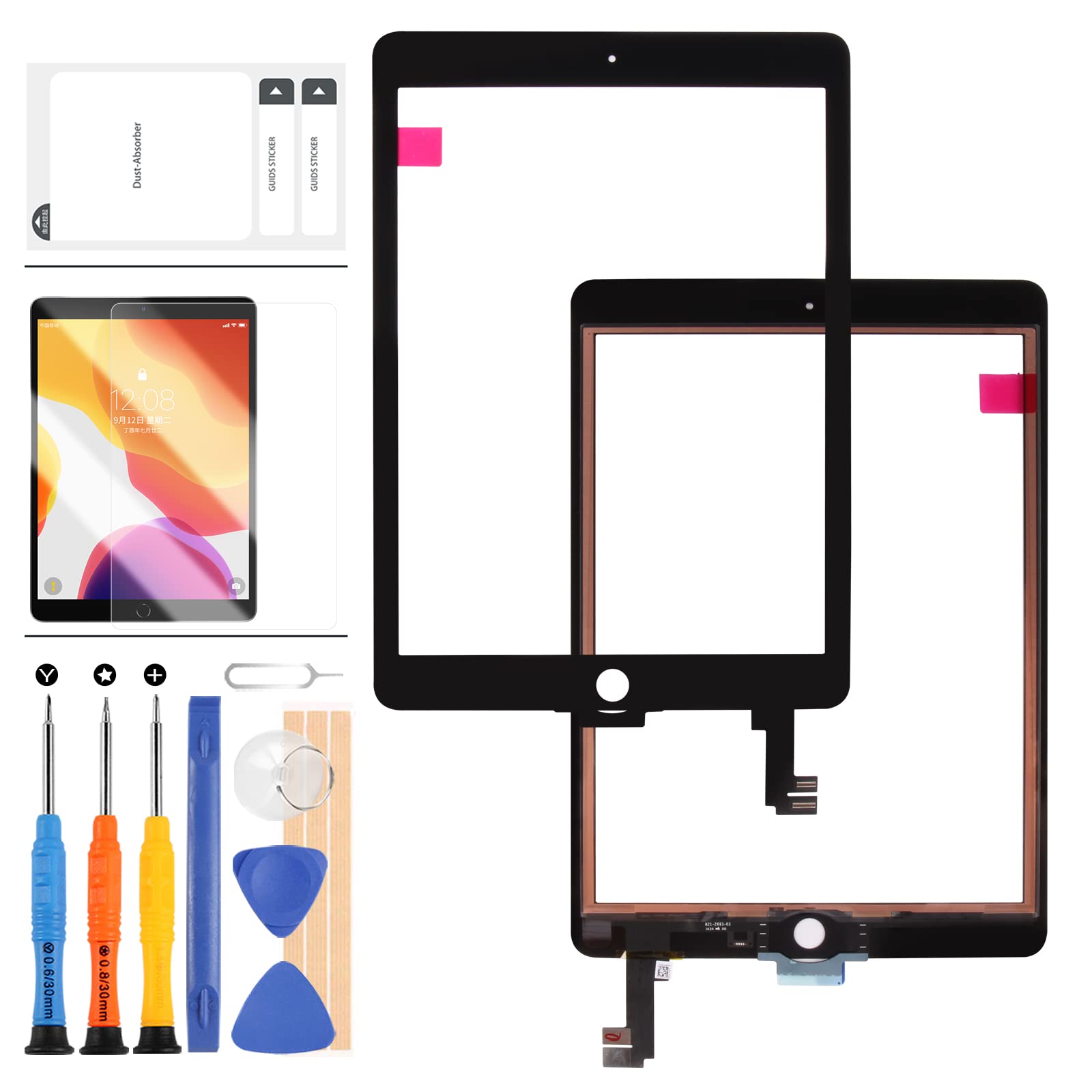 LADYSON Screen For iPad Air 2 2nd Gen 9.7 A1566 A1567 Touch Screen Replacement Kit,(Not LCD, NO Instructions) For iPAD 6 6th Gen Touch Digitizer,Glass Repair Parts,Include Tempered Glass