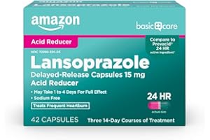 Amazon Basic Care Lansoprazole Delayed Release Capsules, 15 mg, Proton Pump Inhibitor, Acid Reducer, 24 Hour Heartburn Medicine, 42 Count Pack