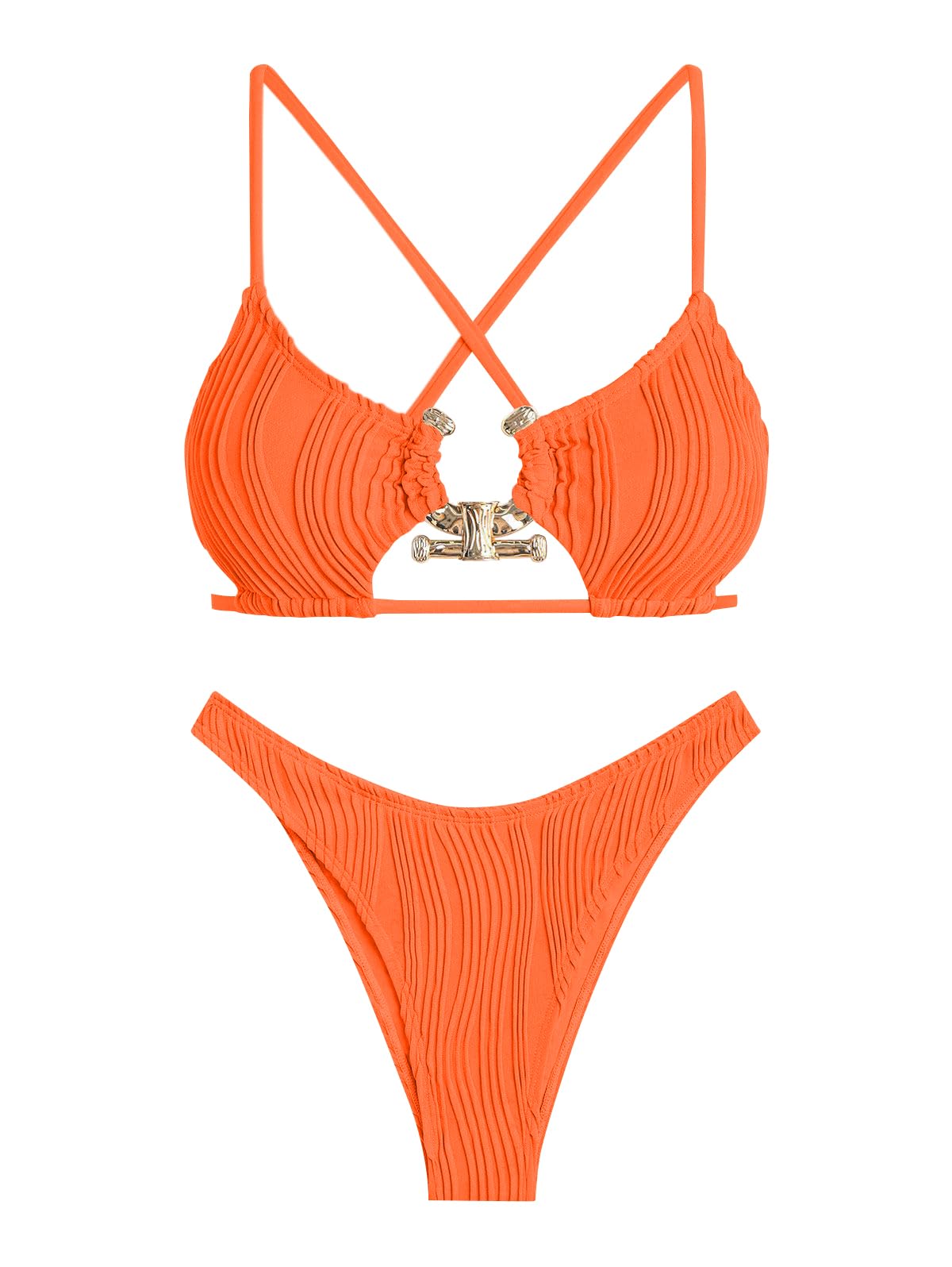 Photo 1 of ZAFUL Women's Cutout Bikini Criss Cross Textured Metal High Leg Bikini Sets Cheeky Swimwear Two Piece Swimsuit