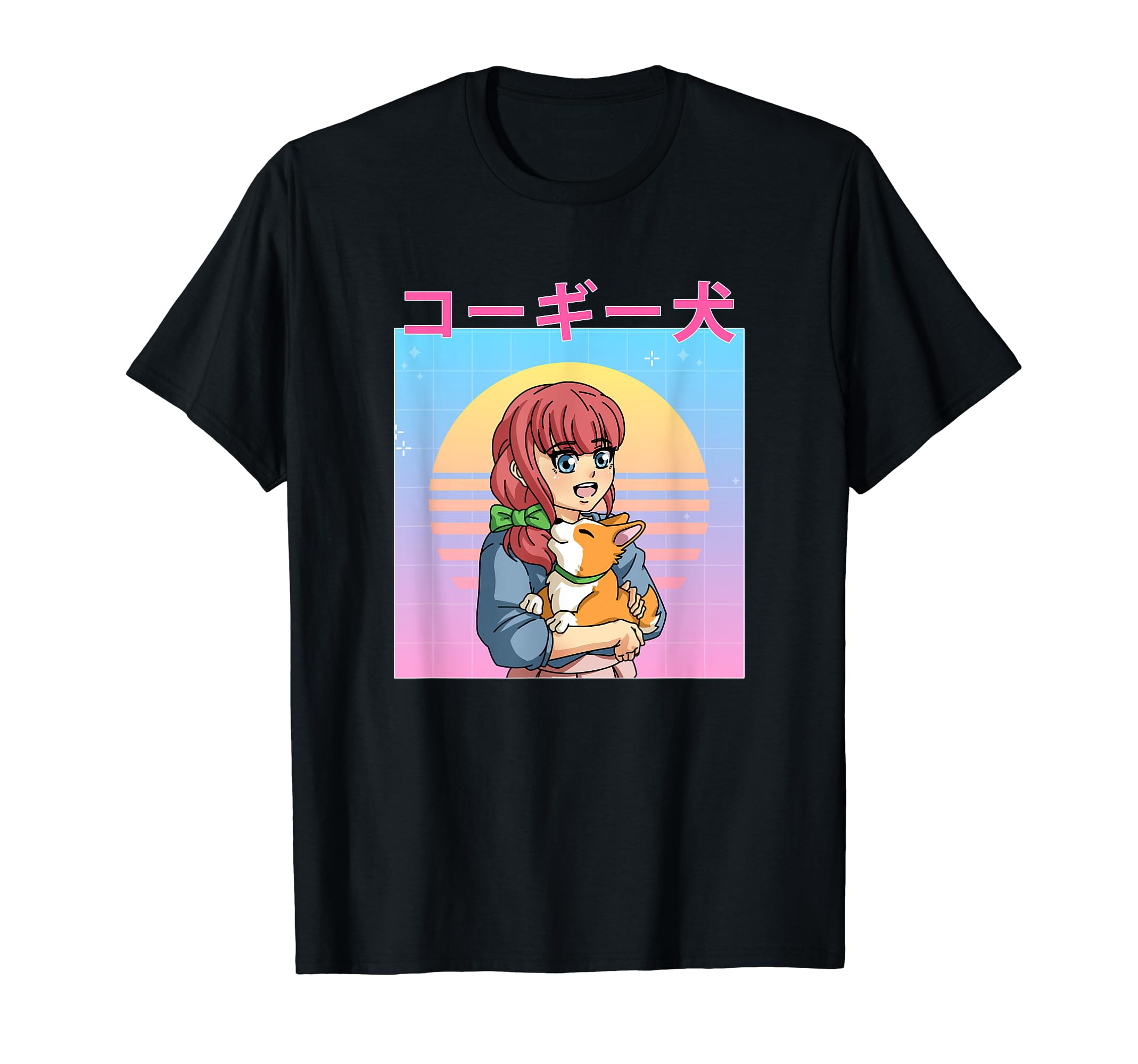 Funny Retro 90s Japanese Kawaii Anime Girl and Corgi Dog T-Shirt
