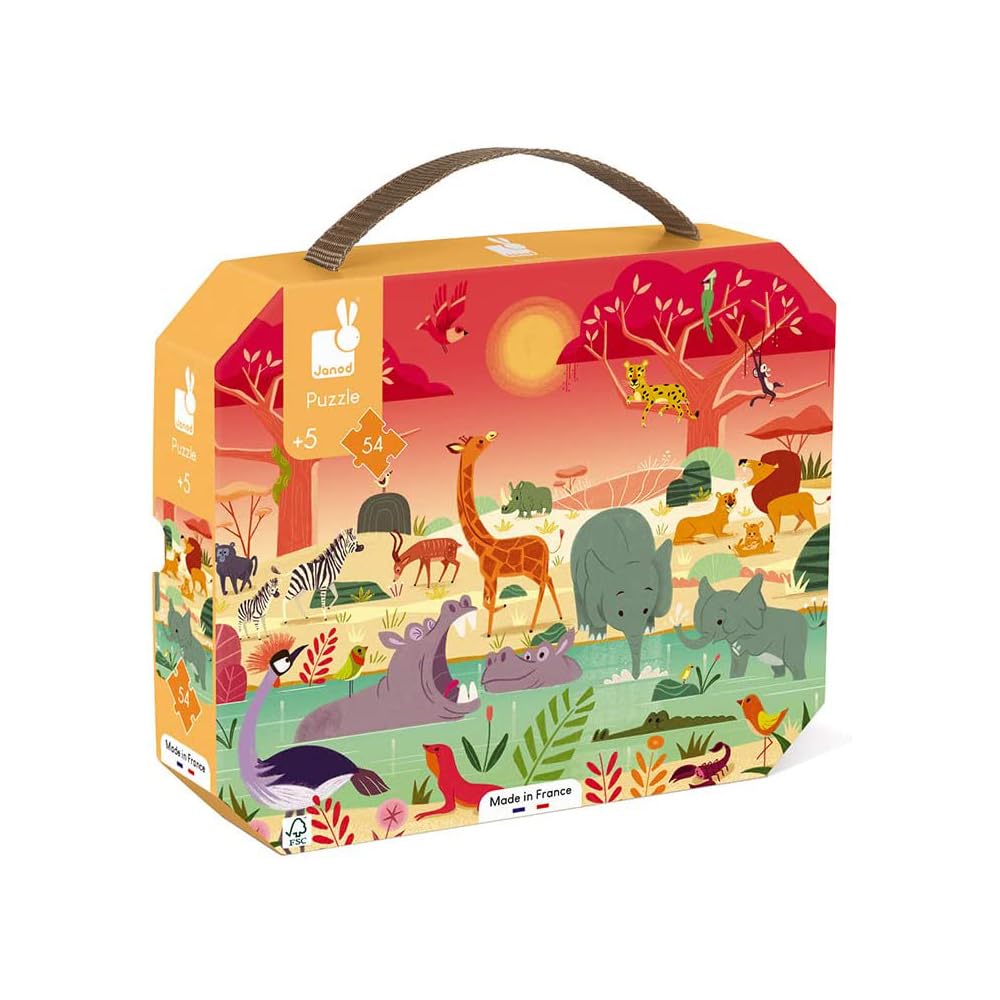 Janod - Child Puzzle Animal Reserve 54 Pieces - Educational Game - Fine Motor Skills and Concentration - Case with Handle - Made In France and Fsc Certified - Green Inks - from 5 Years, J02650