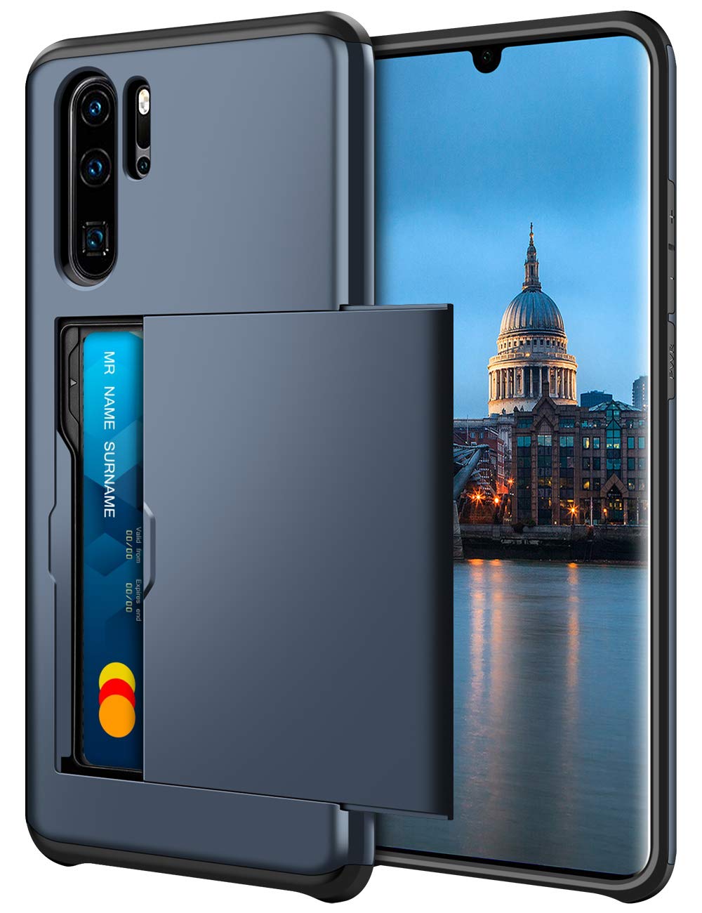 Coolden for Huawei P30 Pro Case with Card Slot Holder Wallet Cover Shockproof Heavy Duty Protective Hard Back Rubber Bumper Phone Cases Wallet Cover for Huawei P30 Pro Phone Case (Navy)