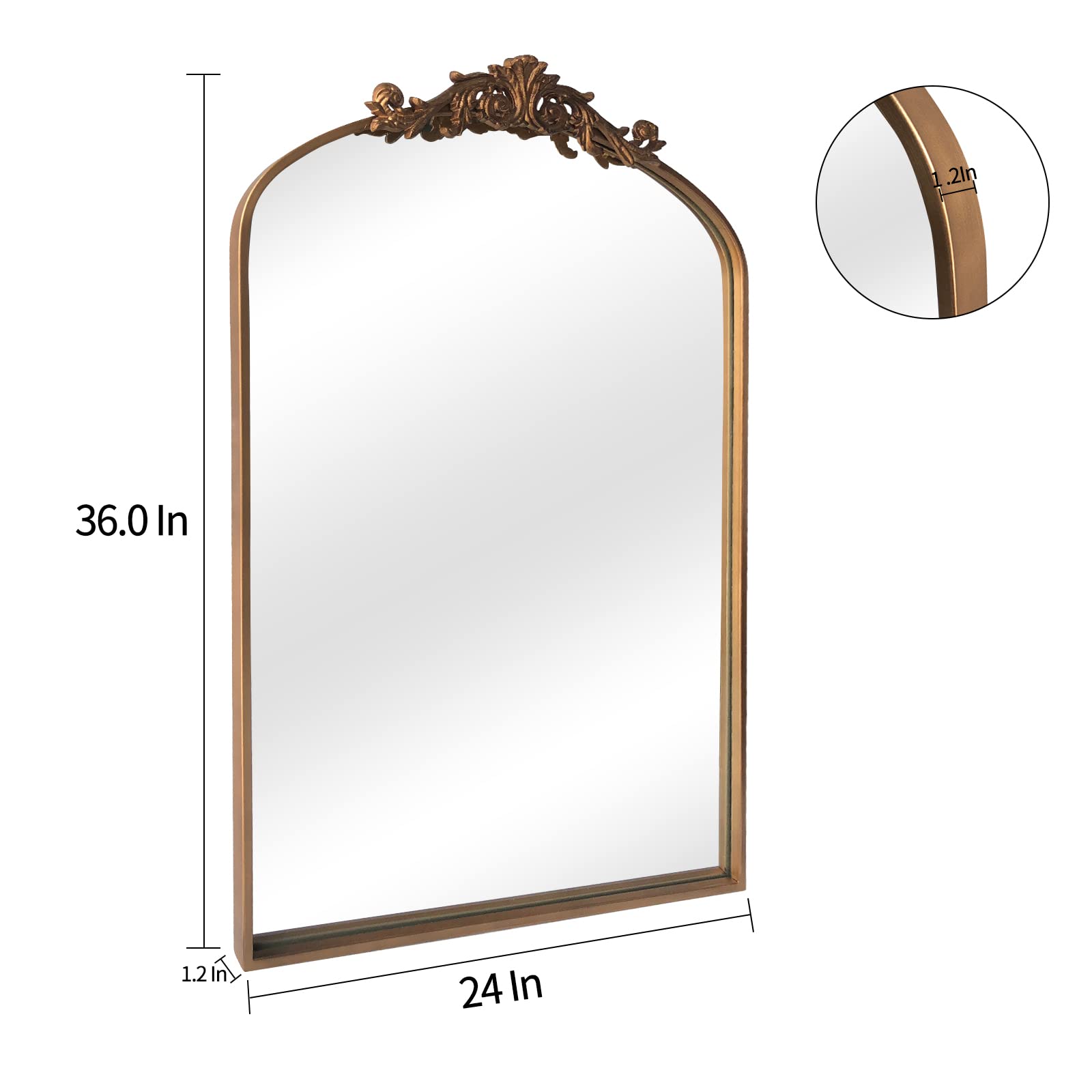 HQiJun Wall Mirror Window Decorative Traditional Vintage Ornate Baroque Mirrors Antique Arched Farmhouse for Living Room Bedroom Entryway Bathroom Vanity (24 * 36 * 1.2, Gold)