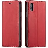 QLTYPRI for iPhone X iPhone Xs Case, Premium PU Leather Cover TPU Bumper with Card Holder Kickstand Hidden Magnetic Adsorption Shockproof Flip Wallet Case for iPhone X iPhone Xs (5.8 inch) - Red