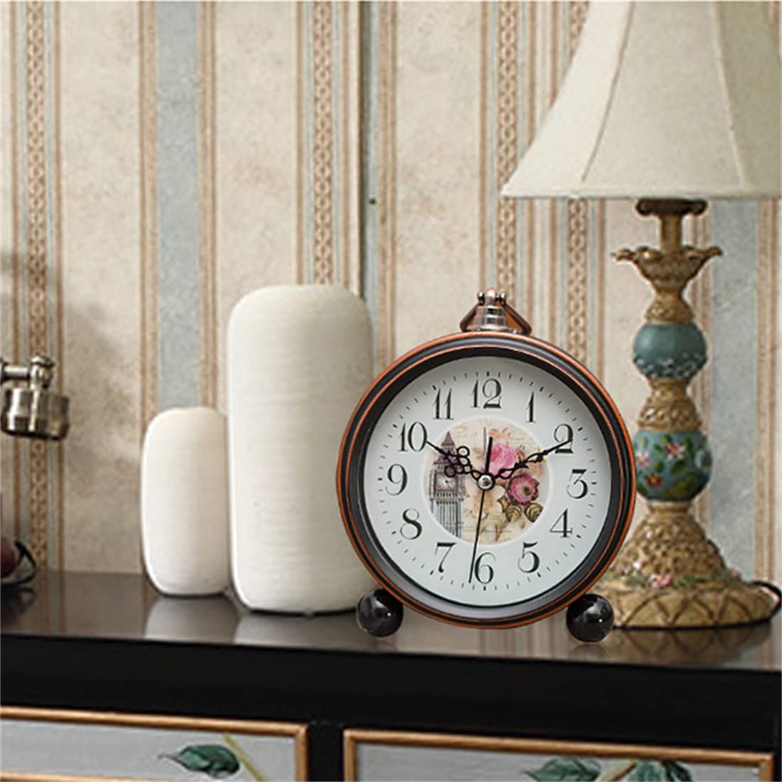 Alarm Clock Clock Clock Vintage Retro Old Fashion Decorative Quiet Non Tick Sweep Second Hand Quartz Analog Arabic Numerals Roman Numerals Metal Frame Desk Clock Battery Operated Loud Alarm (F)