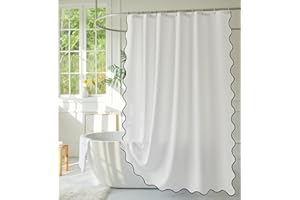youngseahome White Fabric with Black Scalloped Border Shower Curtain,Boho Chic Cloth Shower Curtain for Bathroom Showers,72 x 72 Inches