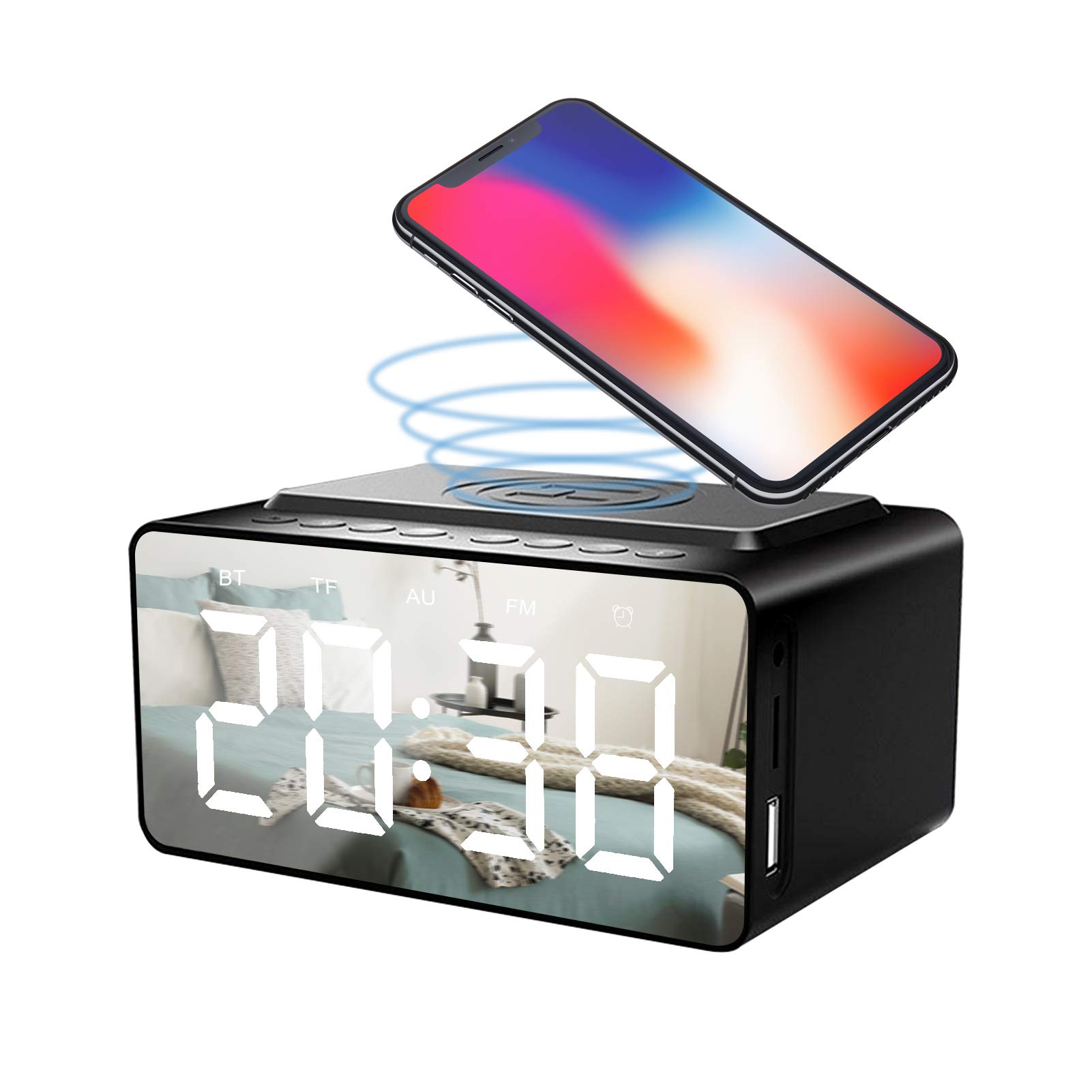 Bluetooth Speaker, Bedside Large HD LED Display Alarm Clock Radio BLE Speaker Wireless Charger with USB Port for Mobile Phone