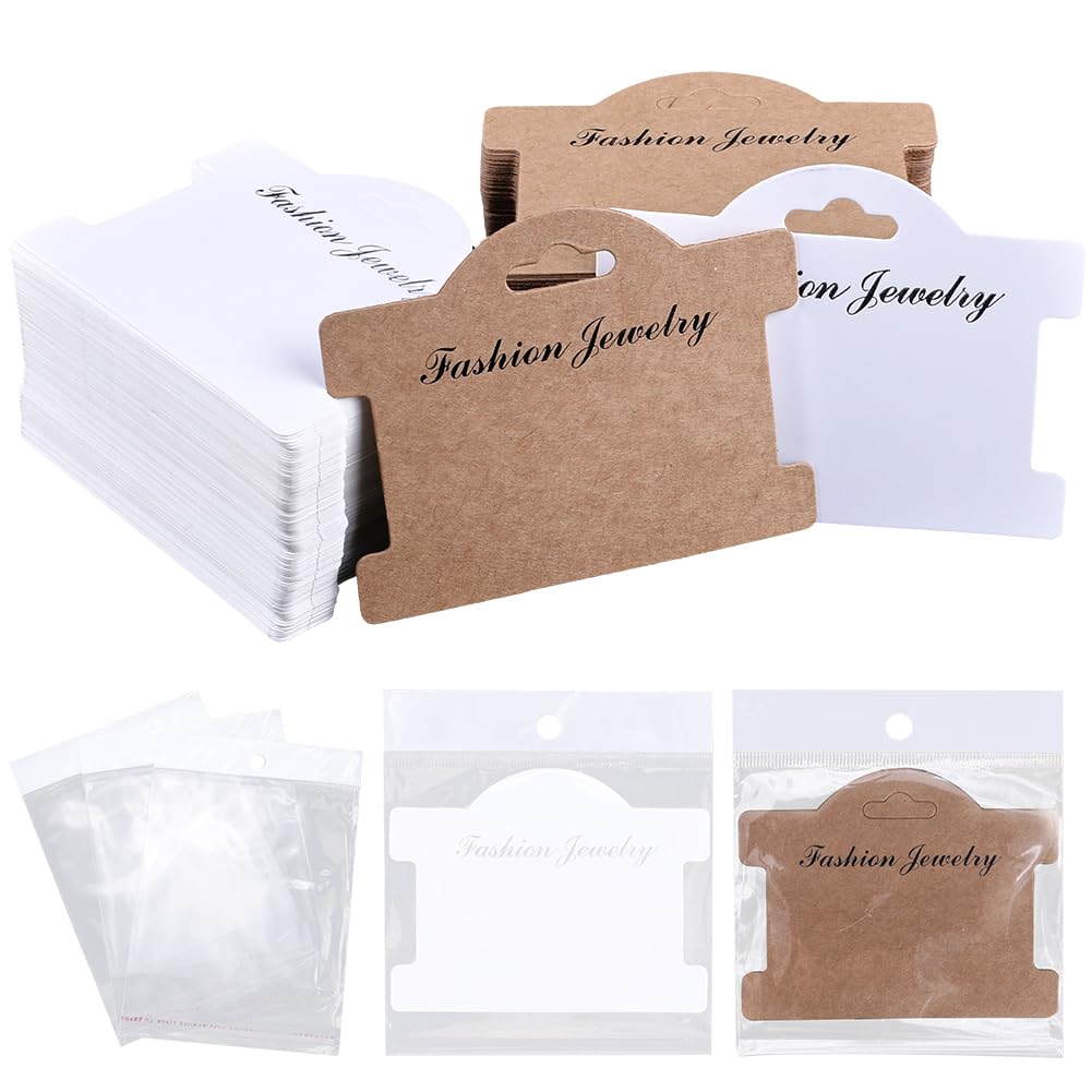 SOFPLATE 100Pcs 9.6x7.5 cm jewellery Display Cards with Bags Necklace Hanging Card Camel White Cardboard Paper Jewellery Packaging Card Holders for Hanging Showing Necklaces Bracelet Display