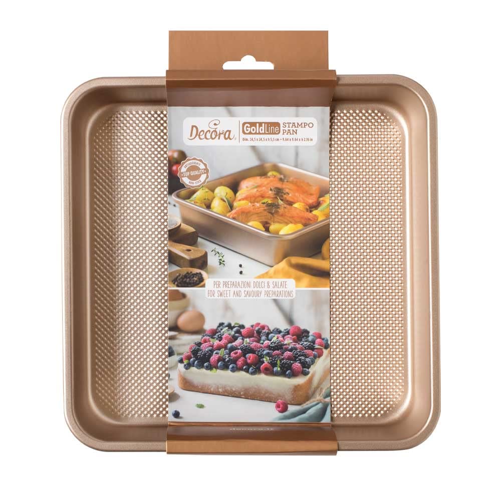 Decora, 0070102 Gold Line Square Baking Mould 24.5 x 24.5 x 5.5 cm, Ideal for Making Baked Goods, Robust Non-Stick Metal