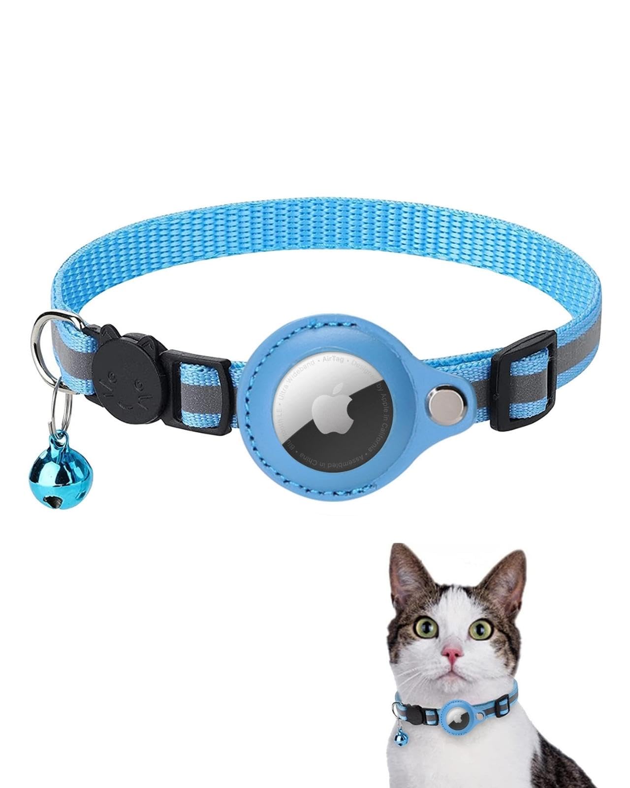 Reflective AirTag Cat Collar with AirTag Holder and Bell, Lightweight Cat Tracker with Breakaway Safety Buckle (Blue)