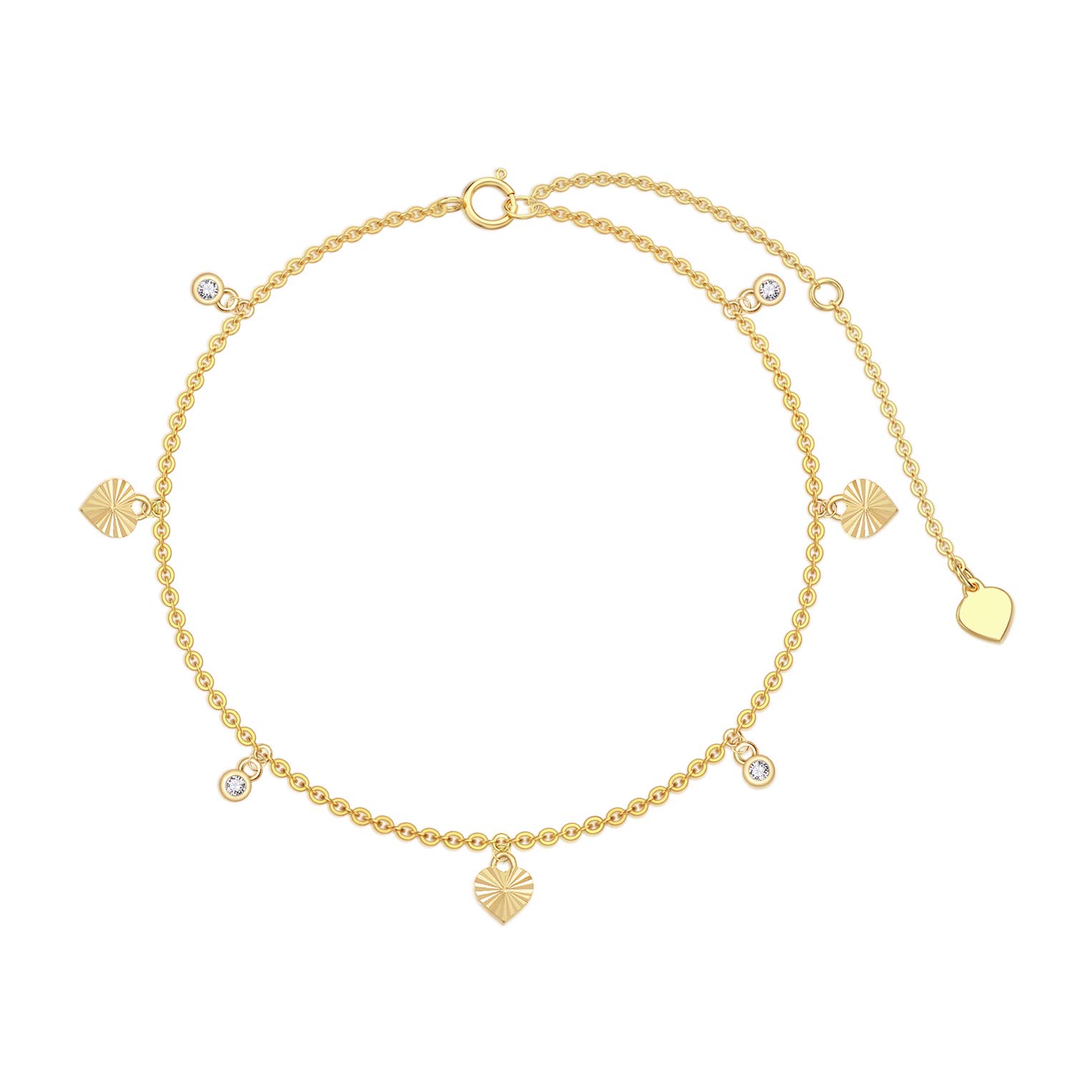 SISGEM 9 ct Gold Heart Anklet, Solid Yellow Gold Diamond Cut Heart with 5A Cubic Zirconia, for Women Girls Ladies Mum Sisters, 8"+1"+1"