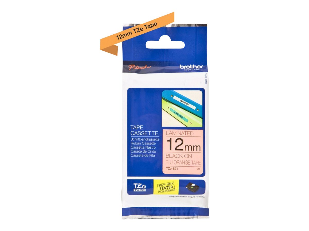 Brother TZe-B31 Labelling Tape Cassette, Black on Fluorescent Orange, 12 mm (W) x 5 m (L), Laminated, Brother Genuine Supplies — image 1