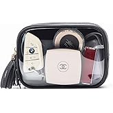 XIAOLER Clear Makeup Bag Organizer for Women, Double Sided Cosmetic Travel Bag with Dual Zippers,PU Leather Waterproof Travel Toiletry Bag Portable Make up Pouch for Home Office (Black, Medium)