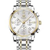 OLEVS Men Watches with Date Bussiness Watches for Male Luminous Quartz Mens Watches Waterproof with Stainless Steel Strap Stopwatch Timing Function (Silver Band Gold case Silver dial)