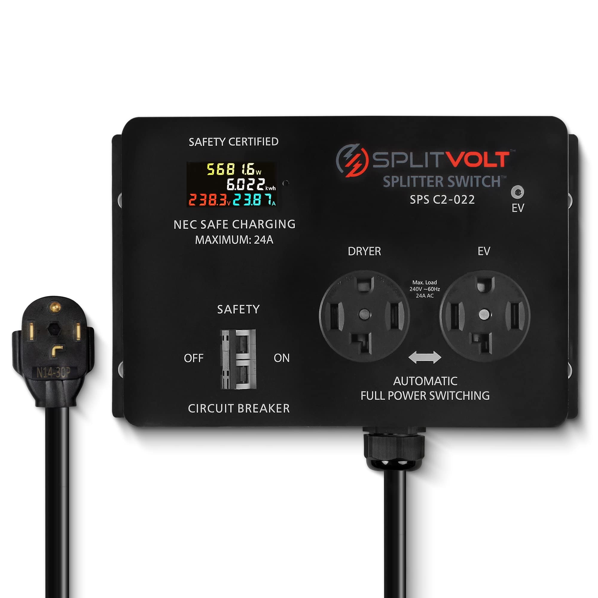 Photo 1 of Splitvolt NEMA 14-30, 240V, 24 Amp Splitter Switch - Save Thousands on Home Electric Vehicle Charging EV Install, cETLus Certified, Auto Power Switching Between Dryer and EV or Two EVs, Plug and Play