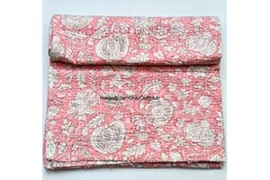 SAMBHAV QUILT HUB Indian Handblock Kantha Floral Printed Handmade Quilted Blanket Vintage Home Decorative KanthaThrow Blanket Kantha Bedcover Queen/King/CaliforiniaKing (Pink, Twin (60X90) inches)