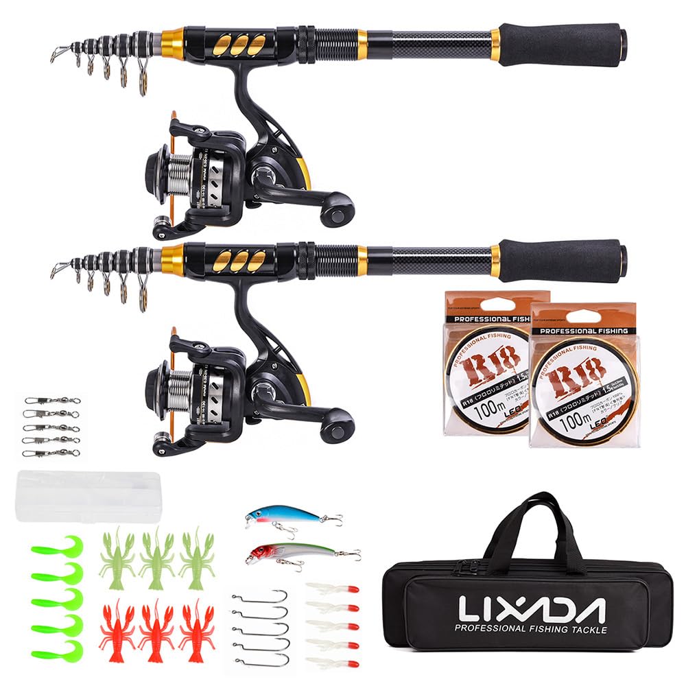 Lixada 2PCS Telescopic Fishing Rod and Reel Combo - Full Kit Spinning Fishing Reel Gear with 100M Line, Lures, Hooks, Jig Head and Carrier Bag Case