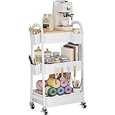 3 Tier Rolling Cart Metal with Wheels and Bamboo Table Top, Art Cart Organizer on Wheels, White Three Tiered Storage Utility Carts for Craft, Baby, Diaper Caddy,Coffee,Kitchen,Cleaning,Office Supplies