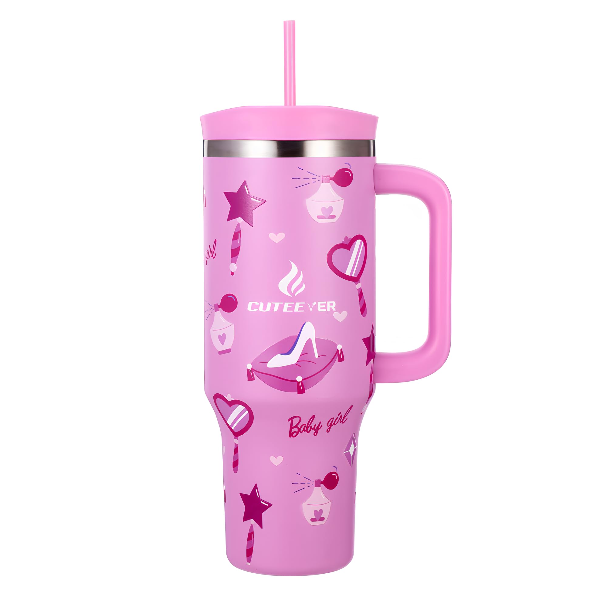 Photo 1 of Cuteever Stainless Steel Double-Walled Insulated Travel Tumbler Set with Spill Resistant Lid, Straws, Straw Toppers and Handle, BPA Free, 40 oz, Lillrosa (Baby Girl)
