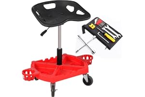 GOCCIDA Rolling Garage Stool, 330LBS Capacity 18"-23" Adjustable Height Range Mechanic Seat with 360-degree Swivel Wheels (4") & Large Tool Tray for Workshop Auto Repair Shop with Cross Sleeve Set