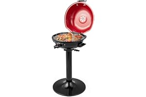 ORALNER Electric Grill Outdoor/Indoor, 15- Serving Electric Barbecue Grill w/Round Lid, Removable Non-Stick Grilling Rack, Oil Drip Tray, 1600W Portable Standing BBQ Grill for Apartment Balcony Patio