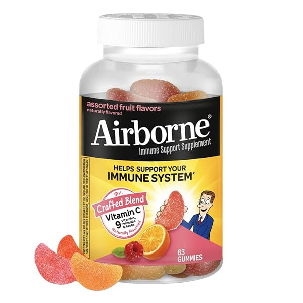 AIRBORNE 750MG VITAMIN C GUMMIES FOR ADULTS, IMMUNE SUPPORT GUMMIES WITH POWERFUL ANTIOXIDANTS VIT C & E, CAFFEINE FREE – 2X63CT BOTTLE (42 SERVINGS), ASSORTED FRUIT FLAVOR