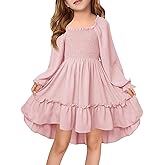 Haloumoning Girls Lantern Long Sleeve Dresses Kids Square Neck High Low Hem Smocked Fall Dress 5-14 Years