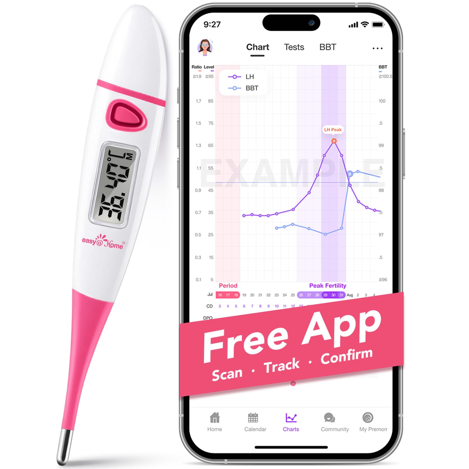 Digital Basal Body Thermometer：Easy@Home BBT Thermometers for Ovulation Fertility Prediction, 1/100th Degree High Precision & Memory Recall – Supports Premom App Scan, Pink