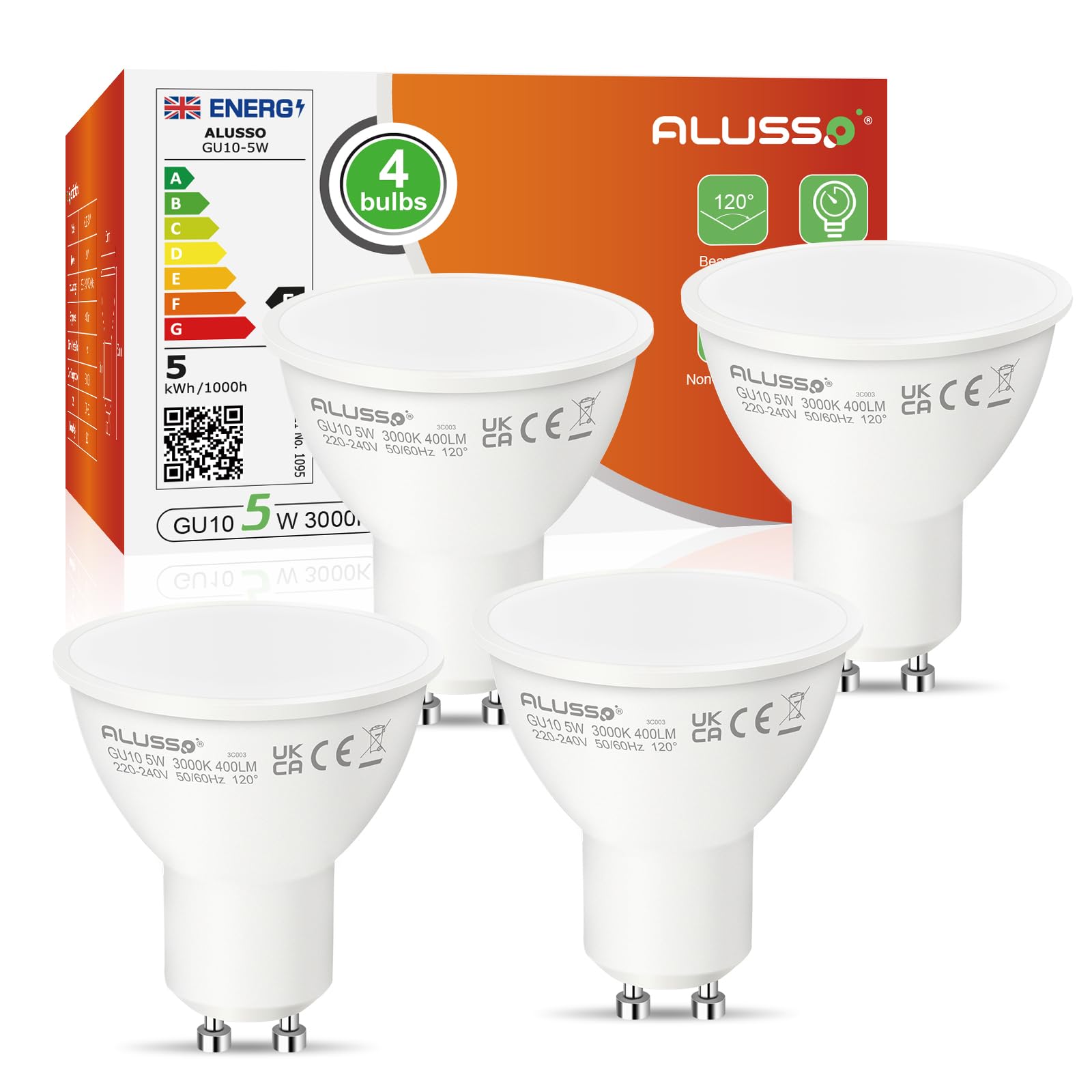 ALUSSO 5W GU10 LED Bulbs Warm White 3000K, 400lm Brightness, 120° Wide Beam Angle, Pack of 4, Non-Dimmable, Ideal for Kitchen & Bedroom & More