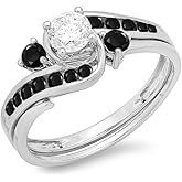 Dazzlingrock Collection 0.90 Cttw 10k Black & White Diamond Swirl Bridal Engagement Ring Matching Band Set, Solid White Gold