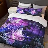 Sunnycitron 3D Purple Butterfly Bedding Queen Comforter Set Dreamy Butterfly Comforter Set for Girls Neon Butterflies Purple Bed Comforter (1 Comforter + 2 Pillowcases),Easy-Wash Fade Resistant