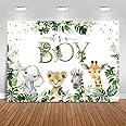 Mocsicka Safari Baby Shower Backdrop It's Boy Jungle Animals Baby Shower Party Decorations Safari Gold Green Greenery Leaves Newborn Baby Background Cake Table Banner (8x6ft(96x72 inch))